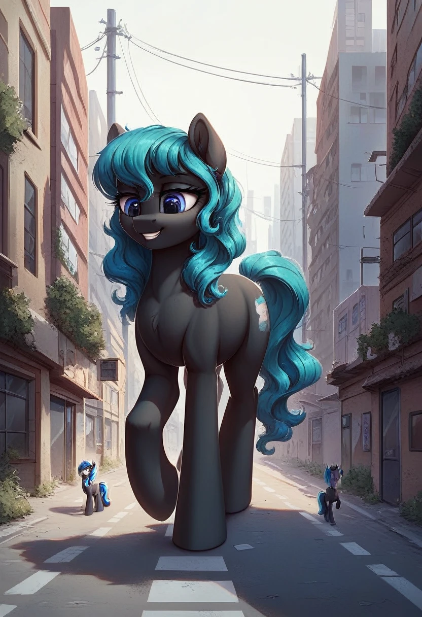 score_9, score_8_up, score_7_up, 2girls, 2female, 1 girl, 1 girl, duo, twice, giantess, macro, giant pony, (character1: white body, blue hair, wavy hair, purple eyes), (character2: black body, green hair, straight hair, blue eyes), anatomically correct, feral anatomy, good anatomy, depth of field, muted colors, extremely high quality RAW photograph, earth pony, semi-anthro, female, ponified, fluff chest, (walking through the city, view from eyes, close-up, focus), (background: among buildings, narrow streets, as tall as buildings)