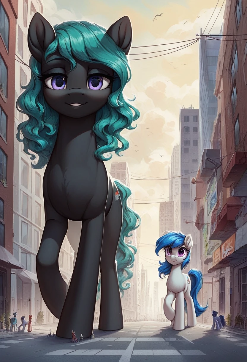 score_9, score_8_up, score_7_up, 2girls, 2female, 1 girl, 1 girl, duo, twice, giantess, macro, giant pony, (character1: white body, blue hair, wavy hair, purple eyes), (character2: black body, green hair, straight hair, blue eyes), anatomically correct, feral anatomy, good anatomy, depth of field, muted colors, extremely high quality RAW photograph, earth pony, semi-anthro, female, ponified, fluff chest, (walking through the city, view from eyes, close-up, focus), (background: among buildings, narrow streets, as tall as buildings)