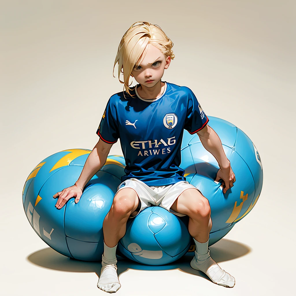 Random evolution, (1boy), (full body version), little boy, Masculine, (his face scowls), albino skin, sport, football player, 1ball, (Blonde colored hair, Long Straight hairstyle, narrow eyes, hazel eyes), Manchester City blue t-shirt, White shorts, white socks, Grassroots, There's a ball 