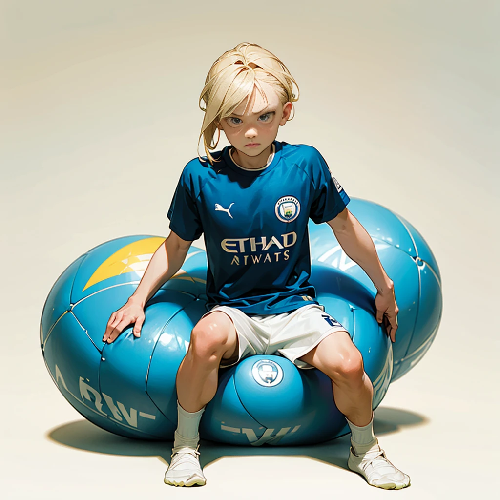 Random evolution, (1boy), (full body version), **********, Masculine, (his face scowls), albino skin, sport, football player, 1ball, (Blonde colored hair, Long Straight hairstyle, narrow eyes, hazel eyes), Manchester City blue t-shirt, White shorts, white socks, Grassroots, There's a ball 