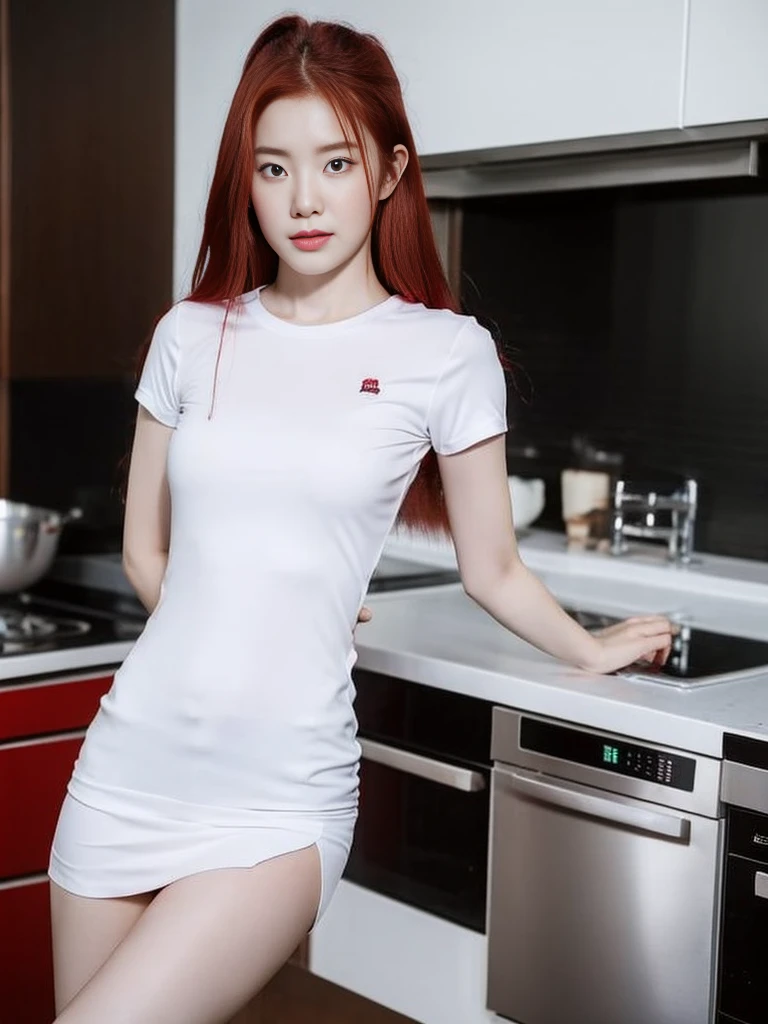 A red-haired girl wearing a white short-sleeved student shirt and white underwear was boiling water in the kitchen.,Hands behind your back.,realistically,realistic,