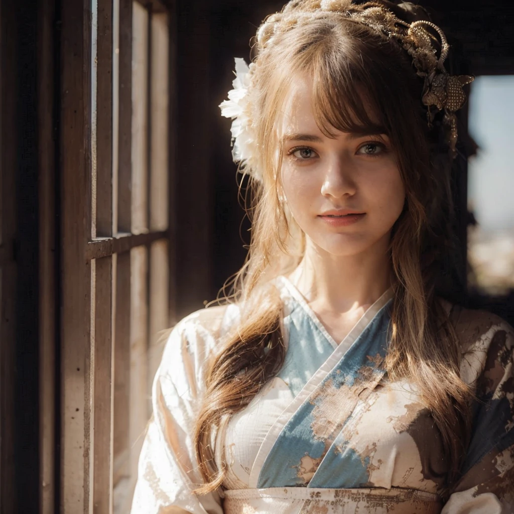 4D realistic image of a Girl like robot squat in a desolate clif, post-apocalyptic setting. The robot appears weathered and abandoned, with exposed wires and a tattered cloak draped over its body. a human like head with pretty girl face and seems to be in a state of disrepair. In the background, there are Devastated city on the valley that contribute to the atmosphere of decay and desolation. The setting is overcast, with a muted color palette, cross lighting