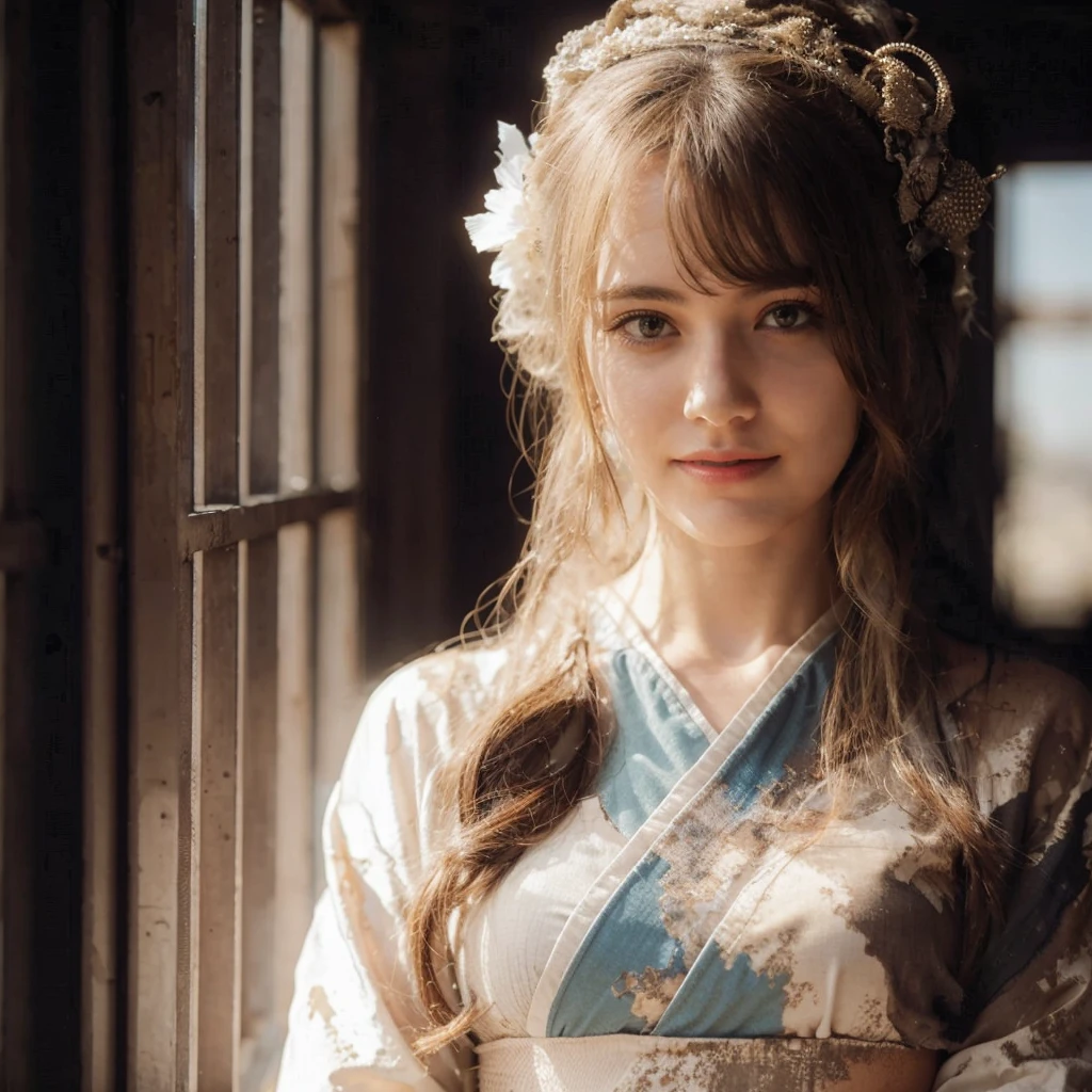4D realistic image of a Girl like robot squat in a desolate clif, post-apocalyptic setting. The robot appears weathered and abandoned, with exposed wires and a tattered cloak draped over its body. a human like head with pretty girl face and seems to be in a state of disrepair. In the background, there are Devastated city on the valley that contribute to the atmosphere of decay and desolation. The setting is overcast, with a muted color palette, cross lighting