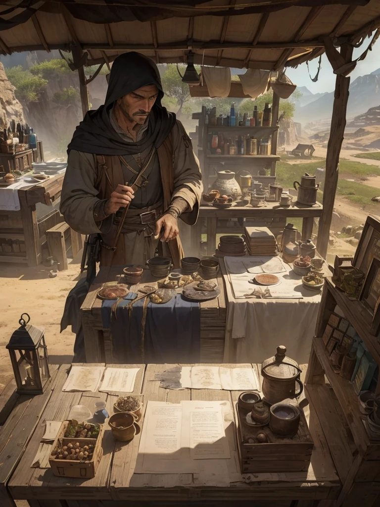 (masterpiece、top-quality、hight resolution), A mysterious merchant in the latter part of an RPG, set up on the ground in a remote area. The merchant has a small, makeshift stall with various rare and valuable items spread out on a cloth. The merchant is dressed in tattered, dirty clothing, their face obscured by a hood or shadows, making their identity unclear. The scene is viewed from above, with the protagonist looking down at the merchant and their wares. The background shows a secluded, rugged landscape with sparse vegetation and an eerie, misty atmosphere. The scene conveys a sense of mystery and intrigue, with the merchant's unknown origins and secrets being hinted at.