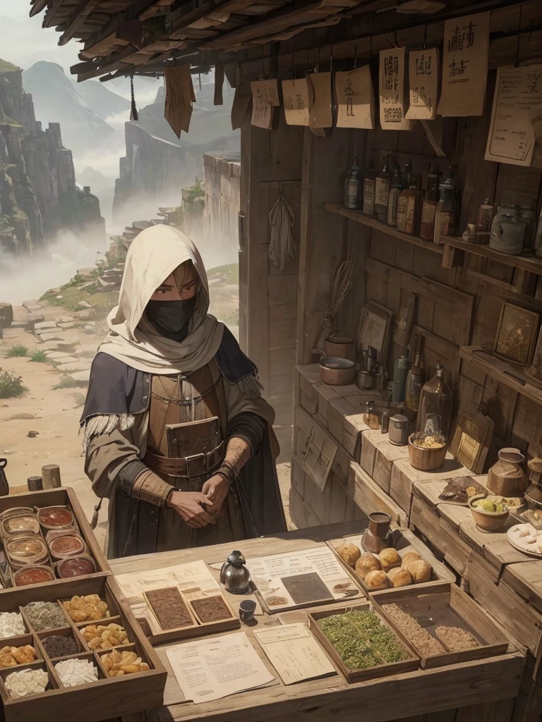 (masterpiece、top-quality、hight resolution), A mysterious merchant in the latter part of an RPG, set up on the ground in a remote area. The merchant has a small, makeshift stall with various rare and valuable items spread out on a cloth. The merchant is dressed in tattered, dirty clothing, their face obscured by a hood or shadows, making their identity unclear. The scene is viewed from above, with the protagonist looking down at the merchant and their wares. The background shows a secluded, rugged landscape with sparse vegetation and an eerie, misty atmosphere. The scene conveys a sense of mystery and intrigue, with the merchant's unknown origins and secrets being hinted at.