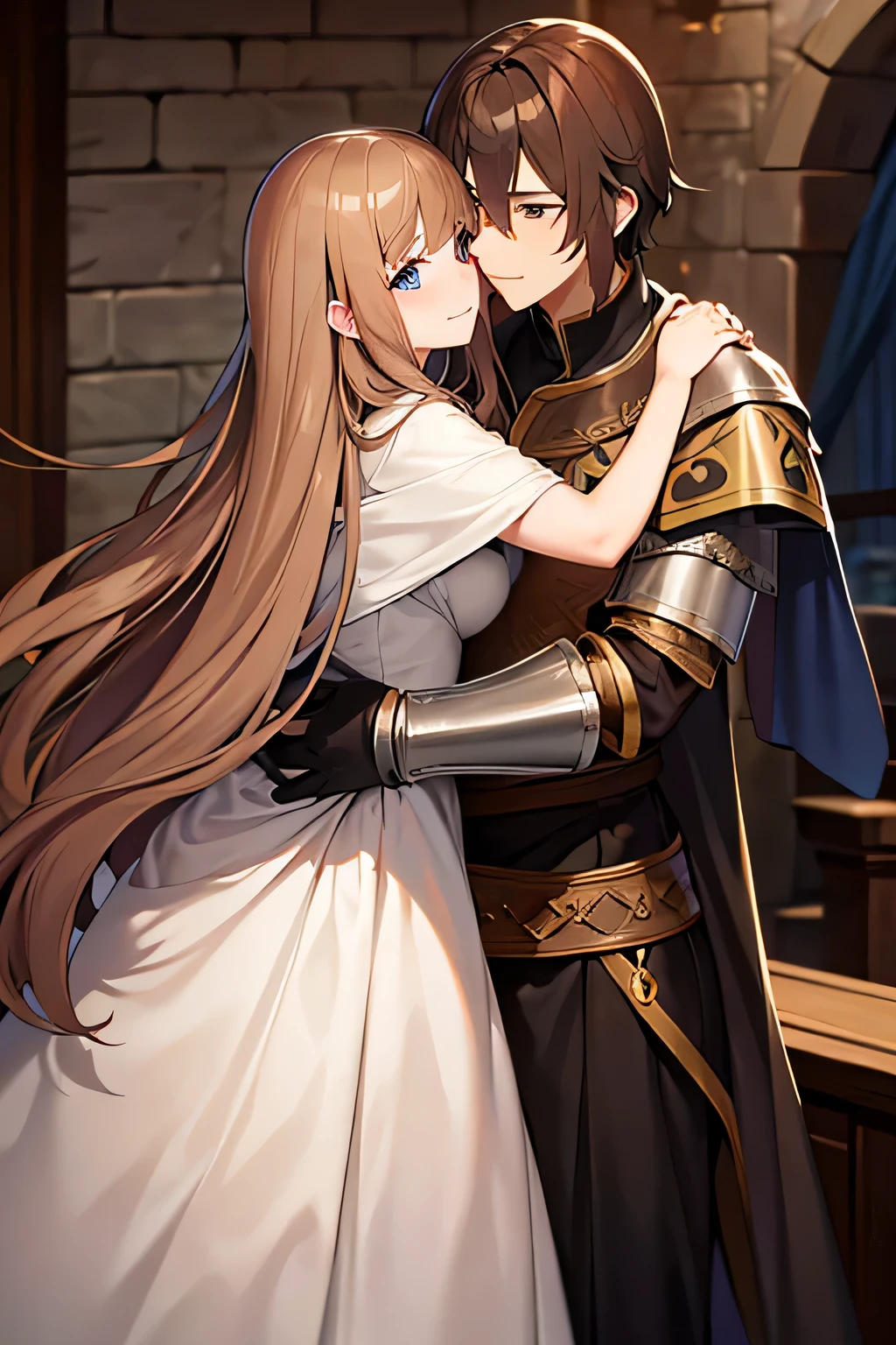 Beautiful dukeza with light brown hair, a beautiful long black dress from medieval times. Hugging a 17 year old baron in armor.