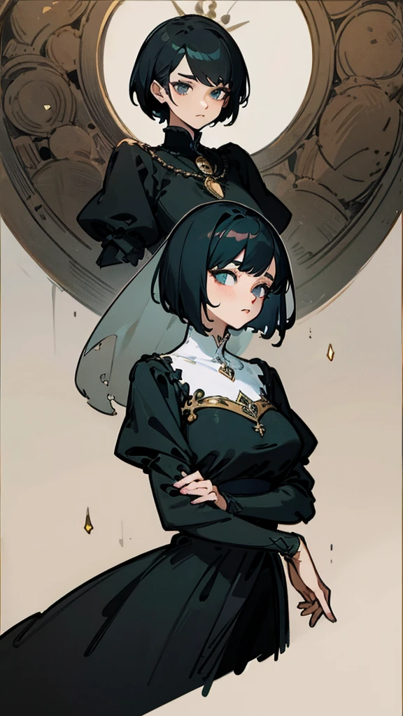 woman, medieval, fantasy, character, drawing, elegant, short hair, married, black dress, dark black, big eyes, mature