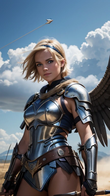 belligerent girl, Valkyrie, bold and beautiful, short blond hair, Blue eyes, smile, Predator's Gaze, Developing hair, A look over the shoulder, headband with metal wings, Sparkling steel, Bow and arrows, Weapon, heat of battle, battle, clouds, realistic photo, high quality, masterpiece, detailed study.