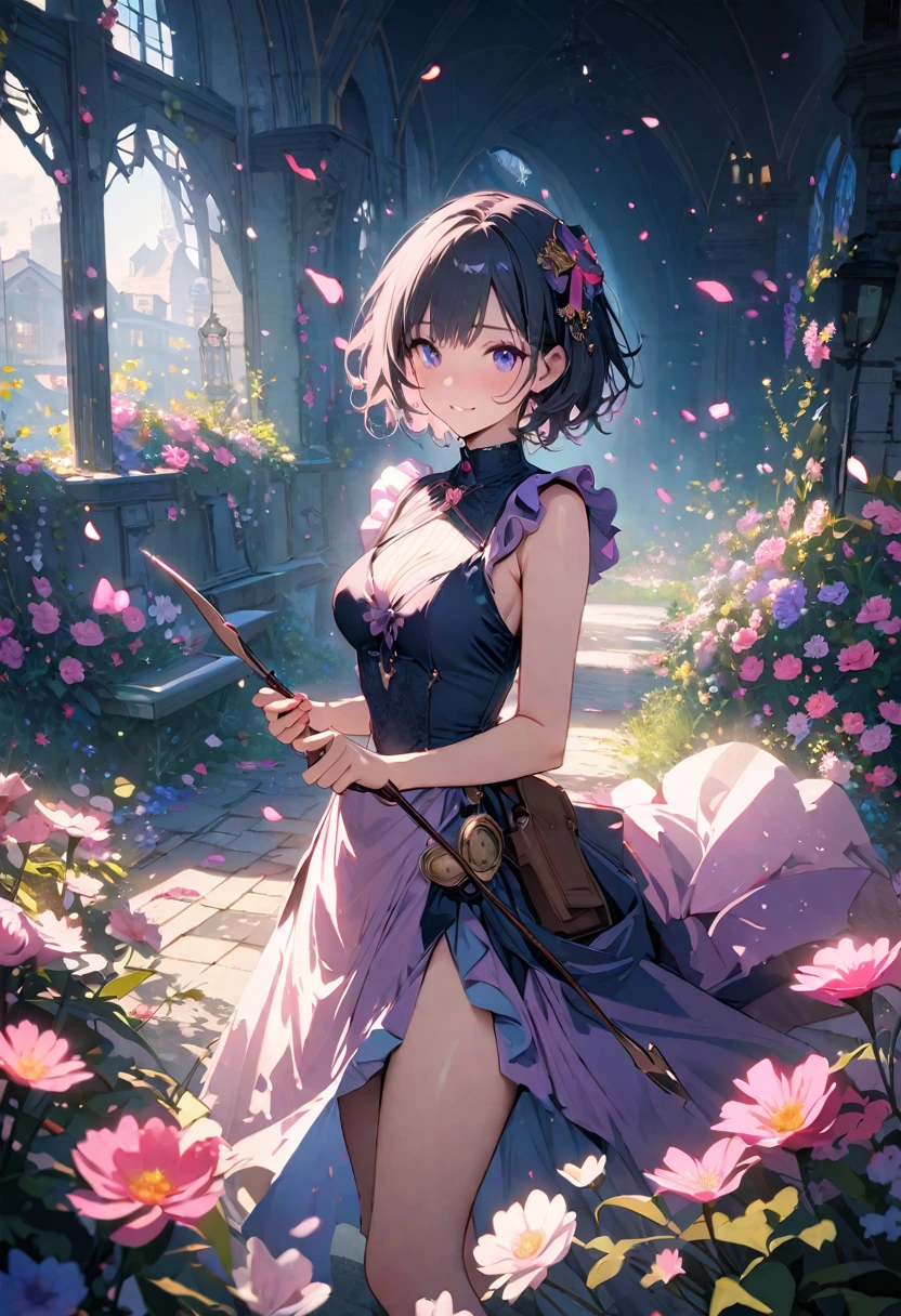 masterpiece, Highest quality, Illustration of the novel, High resolution, 18+ Adult content, Sensual, Intimate, Emotional, Passionate, romantic, sweet, Adorable, Innocent, Pure, Charmな, Charmな, Charm, mysterious, Charmな, Charmな, Immersive, Charmな, dream-like, Surreal, Imaginative, Whimsical, Artistic, Avant-garde, timeless, elegant, Sophisticated, chic, Sophisticated, personality, original, CharmなA photorealistic image of a young archer girl with a gentle smile, holding a bow and arrow. She is standing in a field of blooming flowers, with soft lighting and a calm atmosphere. High resolution, ultra-detailed, 8K, best quality.((Archer:1.3))