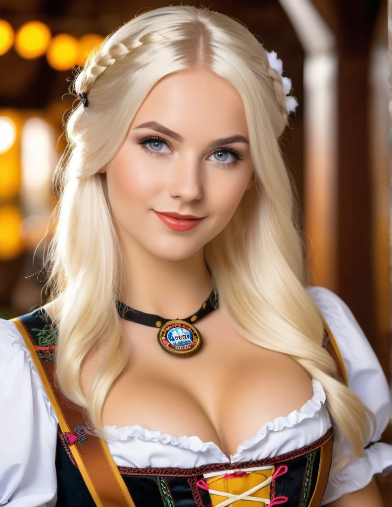 very attractive 25 year old girl with long platinum blonde hair, wearing costume from Oktoberfest, very realistic, photo quality