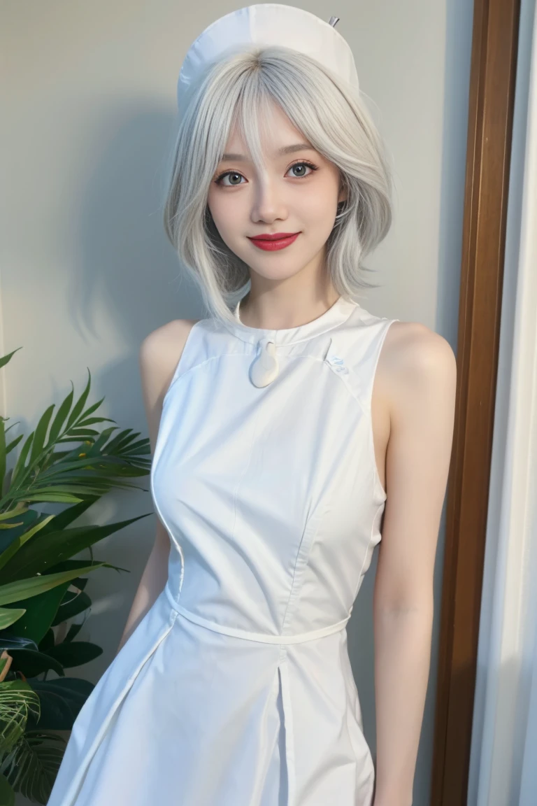 ((Best Quality, 8K, Masterpiece: 1.3)), ferpect lighting, Glowing skin, 1girl, Slim Belly Beauty: 1.3,(medium Breasts: 1.2), Dress: 1.1, Super Delicate Face, Delicate Eyes, Double Eyelids, Smile, Home, short hair, white hair, multi color hair, hat, Bangs, (maid dress:1.5), Bare shoulders, standing, upper body, smile,