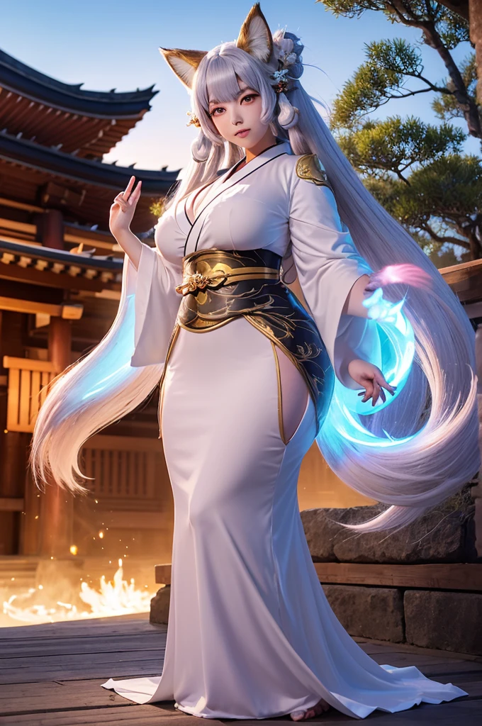 1. "A stunning, majestic female character named nine tail flower (Kyubi no Hana) with an extremely voluptuous, curvaceous, and very chubby body. She has long silver hair, large golden eyes with slit pupils, and a face radiating elegance. She is dressed in a luxurious kimono with golden embroidery and a fox crest on the obi. Behind her, nine large, glowing, and majestic tails spread out gracefully, each tail emphasizing her supernatural beauty and power."
2. "Kyubi no Hana stands in front of an ancient Shinto shrine deep in the mountains, surrounded by blooming cherry trees. Her extremely voluptuous, curvaceous, and very chubby figure exudes overwhelming power and grace. Nine large, glowing tails spread out behind her, each tail emphasizing her divine presence. Soft light particles float around her, symbolizing her immense power. At night, her nine tails emit a mystical glow, enveloping the shrine in an ethereal light."
3. "Kyubi no Hana, with her extremely voluptuous, curvaceous, and very chubby body, stands with authority and kindness in front of a majestic shrine. Her nine large, glowing tails create an ethereal atmosphere as she raises her hand to form a spiritual barrier, protecting the shrine from evil. The nine tails behind her are a clear and powerful symbol of her supernatural strength and beauty."
