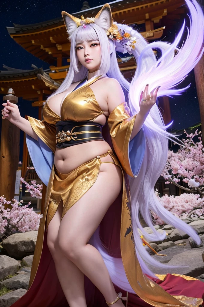1. "A stunning, majestic female character named nine tail flower (Kyubi no Hana) with an extremely voluptuous, curvaceous, and very chubby body. She has long silver hair, large golden eyes with slit pupils, and a face radiating elegance. She is dressed in a luxurious kimono with golden embroidery and a fox crest on the obi. Behind her, nine large, glowing, and majestic tails spread out gracefully, each tail emphasizing her supernatural beauty and power."

2. "Kyubi no Hana stands in front of an ancient Shinto shrine deep in the mountains, surrounded by blooming cherry trees. Her extremely voluptuous, curvaceous, and very chubby figure exudes overwhelming power and grace. Nine large, glowing tails spread out behind her, each tail emphasizing her divine presence. Soft light particles float around her, symbolizing her immense power. At night, her nine tails emit a mystical glow, enveloping the shrine in an ethereal light."

3. "Kyubi no Hana, with her extremely voluptuous, curvaceous, and very chubby body, stands with authority and kindness in front of a majestic shrine. Her nine large, glowing tails create an ethereal atmosphere as she raises her hand to form a spiritual barrier, protecting the shrine from evil. The nine tails behind her are a clear and powerful symbol of her supernatural strength and beauty."