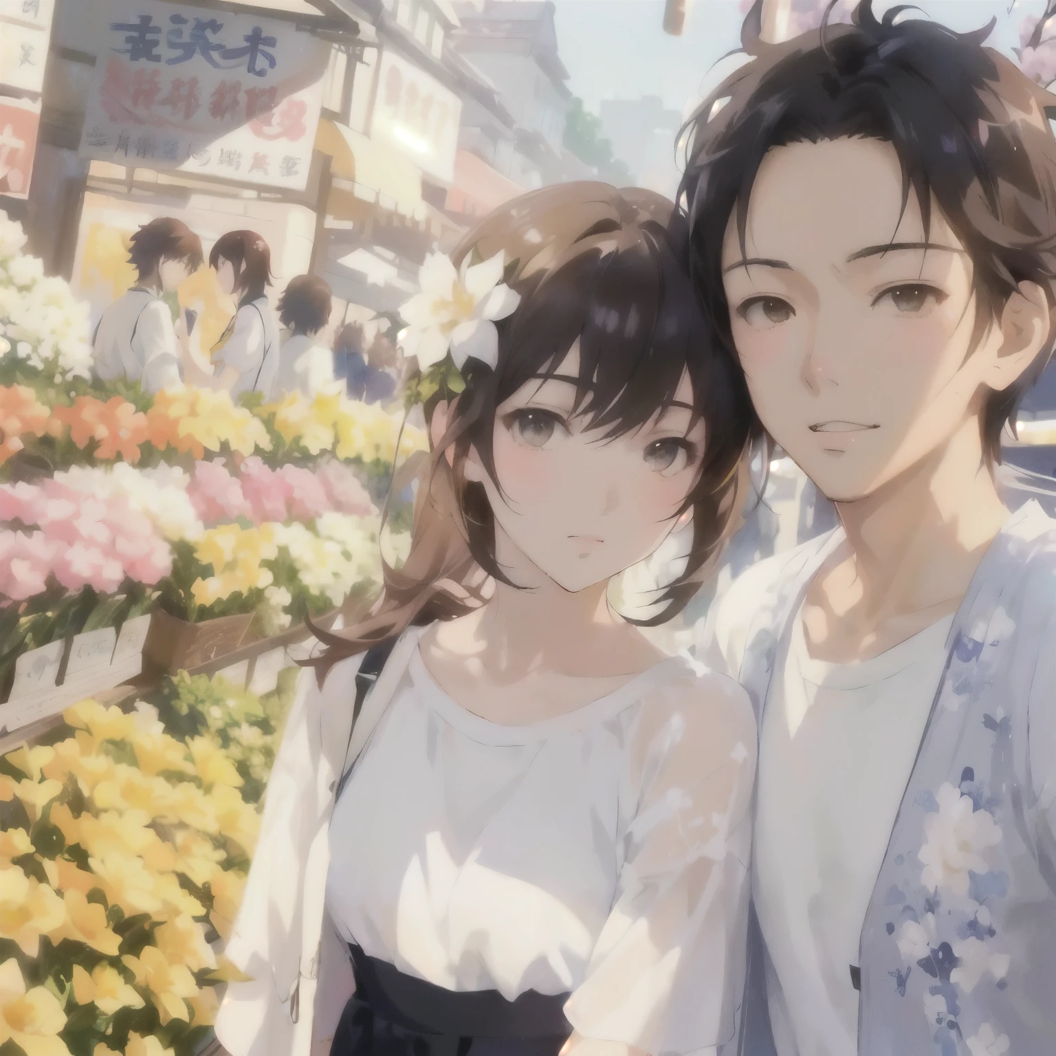 Anime couple taking photo in front of flower shop, Gu Weiss, artwork in the style of Gu Weiss, Gu Weiss and makoto shinkai, Sakimi-chan and Shinkai Makoto, guys, Ross Tran e Makoto Shinkai, Makoto Shinkai and Artgerm, loish and ross tran Japanese comics Shinkai Makoto Shinkai Makoto Shinkai Makoto style,
