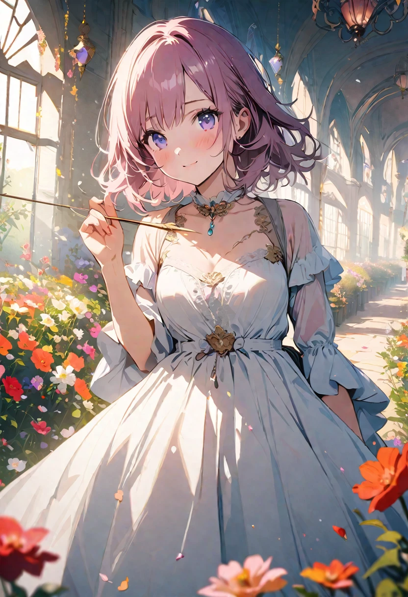 masterpiece, Highest quality, Illustration of the novel, High resolution, 18+ Adult content, Sensual, Intimate, Emotional, Passionate, romantic, sweet, Adorable, Innocent, Pure, charmな, charmな, charm, mysterious, charmな, charmな, Immersive, charmな, dream-like, Surreal, Imaginative, Whimsical, Artistic, Avant-garde, timeless, elegant, Sophisticated, chic, Sophisticated, Personality, original, charmなA photorealistic image of a young archer girl with a gentle smile, holding a bow and arrow. She is standing in a field of blooming flowers, with soft lighting and a calm atmosphere. High resolution, ultra-detailed, 8K, best quality.((Archer:1.3))