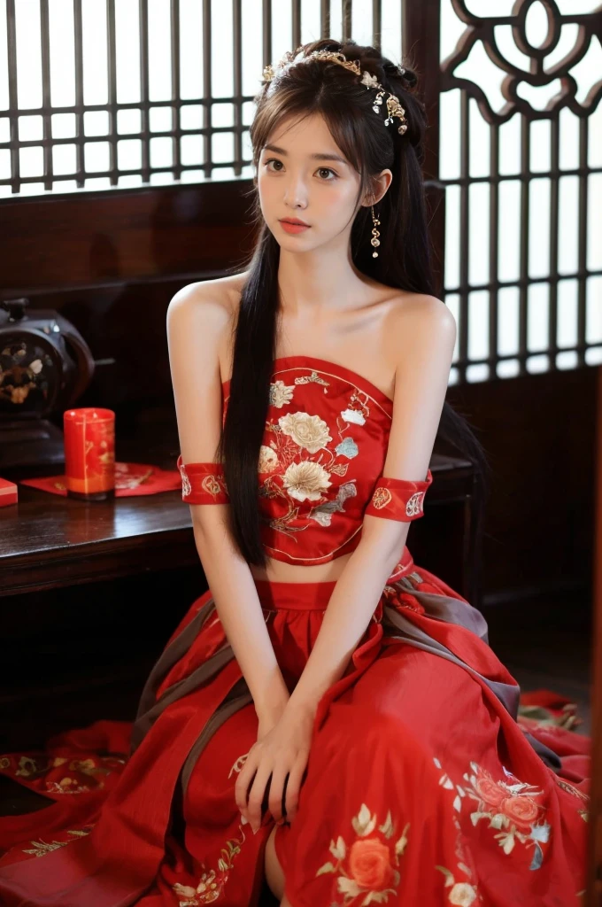 1 girl, skirt, Hair accessories, red skirt, Solitary, Chinese clothes, Long hair, sit, Bare shoulders, window, Brown hair, OK, indoors, Black Hair,
Looking at the audience
 