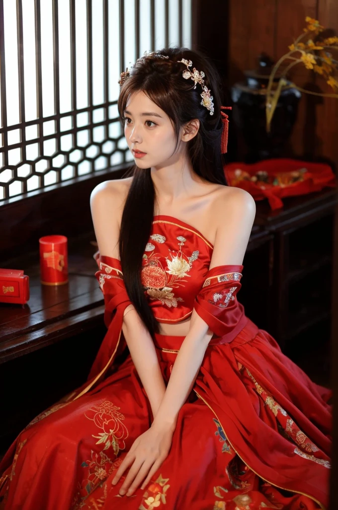 1 girl, skirt, Hair accessories, red skirt, Solitary, Chinese clothes, Long hair, sit, Bare shoulders, window, Brown hair, OK, indoors, Black Hair,
Looking at the audience
 