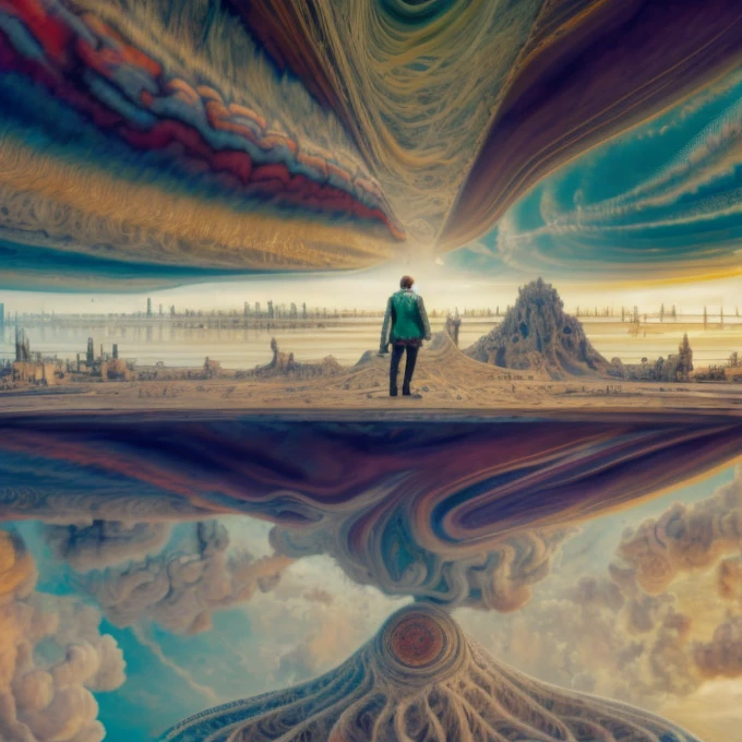  an intricate cloud system is shaping the figure of the spirit of the aethyr, a wanderer is walking with his luggage, male, scintillating intelligence,dominant  pale yellow, sky blue, blue emerald green and emerald flecked gold color tonality, fractal, brilliant colours, masterpiece, highly detailed, 4k resolution,  3d modelling, digital art