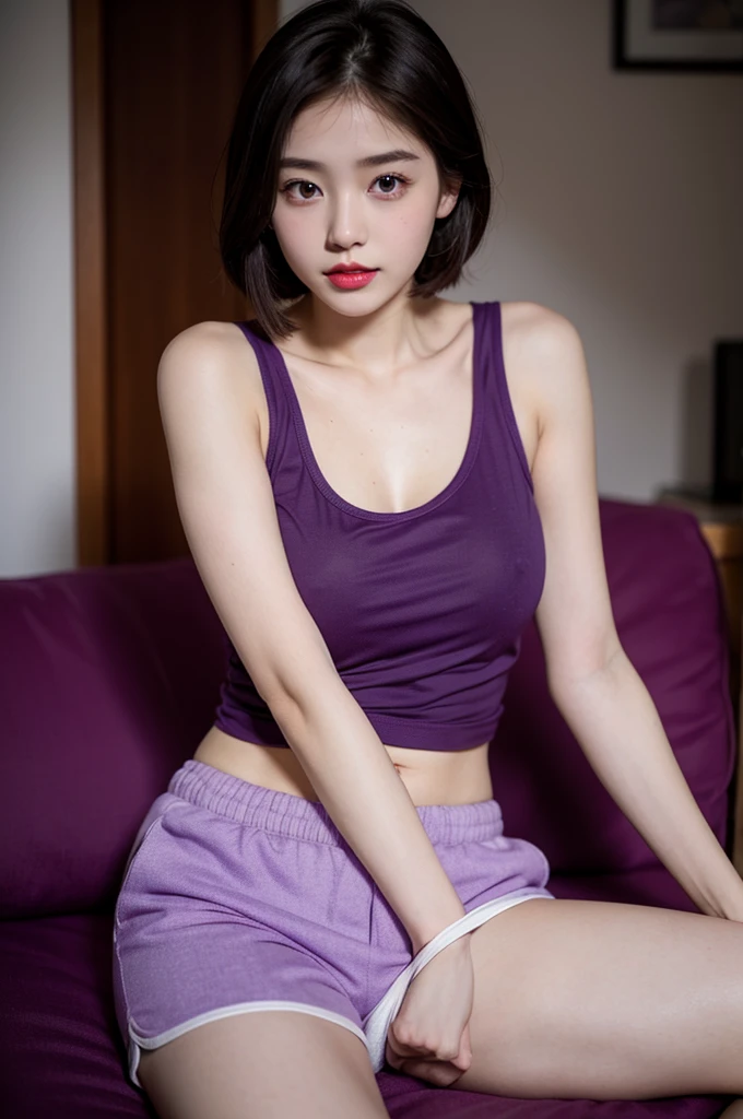 A very cute girl, solo, young, wearing purple tank top and short pants, big breasts, white and smooth skin, full body, medium hairs, red lip, at studio, realistic face