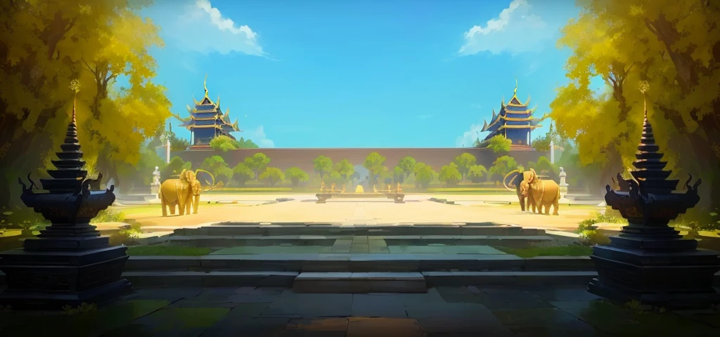 there is a painting of a courtyard with 2 gold elephants statue thailand and thailand temple, arena background, mobile game background, background art, background artwork, palace background, game background, temple background, volley court background, zen temple background, anime background art, royal garden background, amazing wallpaper, anime background, 2 d game art background, park background, anime scenery concept art, videogame background, Cassia fistula, far architect thailand, thailand temple, temple behind, thailand mood, thailand backgound