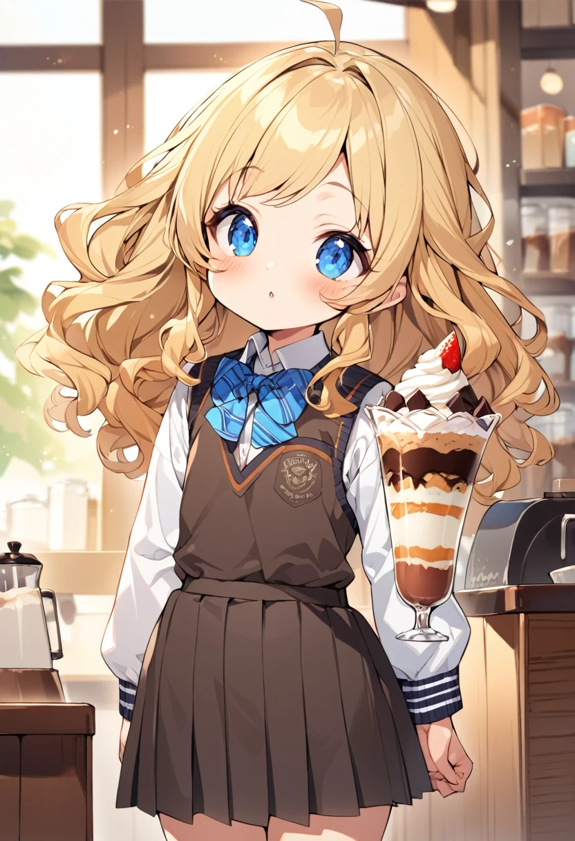 BREAK Perfect Anatomy、Highest quality、(cute:1.1)、(cute)、(High resolution:1.2)、Unbelievably absurd:1.3、Incredible illustrations、(cuteイラスト:1.2)、（Beautiful background、Coffee shop）1gial(Blonde hair and blue eyes、Wavy Hair(child,(a girl, dwarf, height 1.3meters, 30kg),,10-year-old,flat chest）（school uniform）Giga-sized cocoa float chocolate parfait and girl