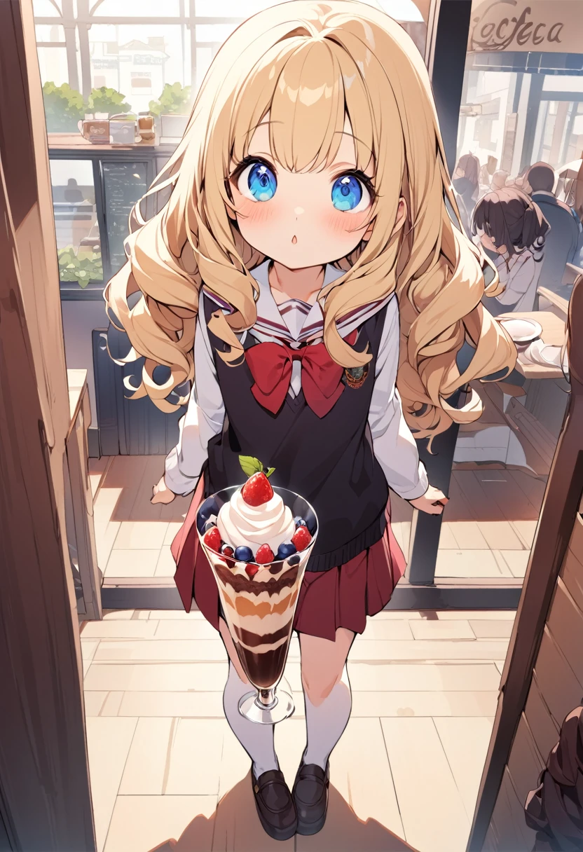 BREAK Perfect Anatomy、Highest quality、(cute:1.1)、(cute)、(High resolution:1.2)、Unbelievably absurd:1.3、Incredible illustrations、(cuteイラスト:1.2)、（Beautiful background、Coffee shop）1gial(Blonde hair and blue eyes、Wavy Hair(child,(a girl, dwarf, height 1.3meters, 30kg),,10-year-old,flat chest）（school uniform）Giga-sized cocoa float chocolate parfait and girl