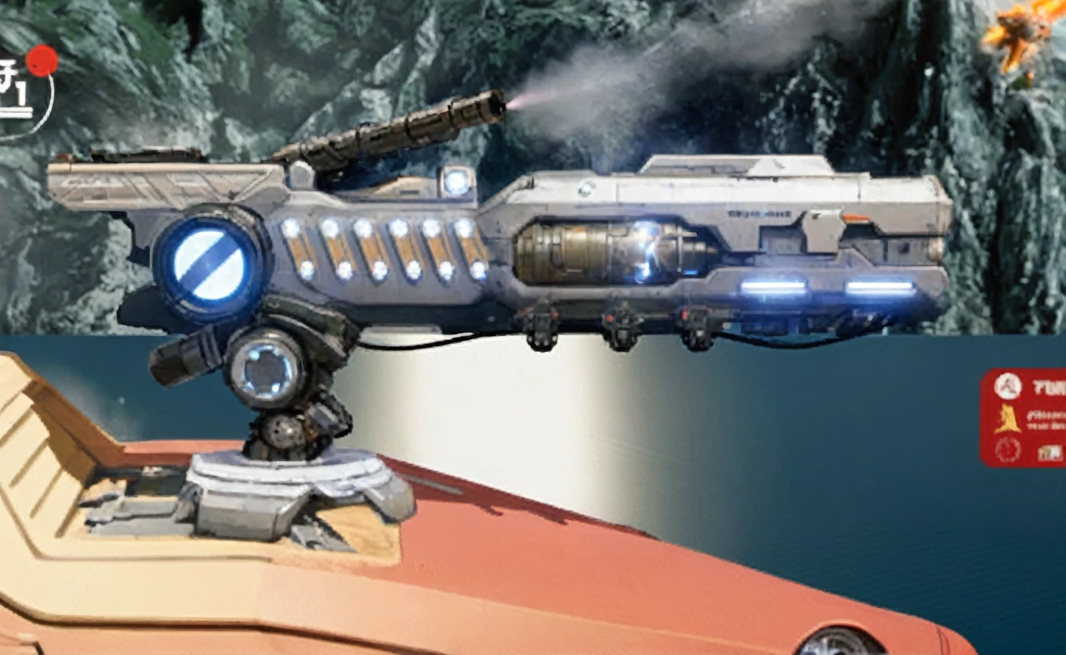 There is a picture of a sci-fi themed vehicle，Headlights on, Protruding keel mounted electromagnetic gun, Energy Rifle, Laser Cannon, Gauss Rifle, Plasma Gun, Vulcan Machine Gun, a Laser Rifle, Sci-fi weapons, futuristic gun, Weapons of the future, with Plasma Guns, Weapons of the future shotgun, Laser Rifle, Futuristic Assault Rifle, Huge weapons
