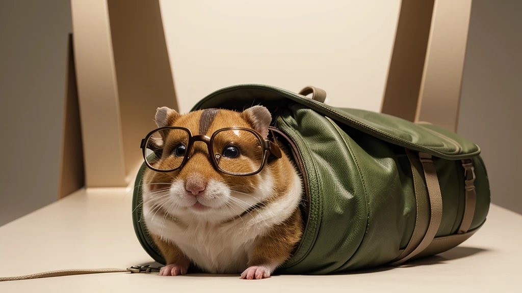 3D cartoon art style. The illustration is a cute, anthropomorphic hamster wearing explorer gear. It stands centered against a plain, white background. The hamster is outfitted with a brown hat, glasses, and a series of brown and green straps that hold various small bags. The backpack and accessories suggest a theme of adventure or exploration. The details and textures are rendered realistically, giving the image a polished look.