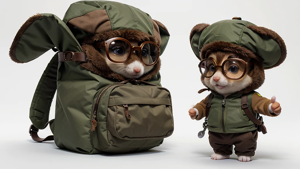 3D cartoon art style. The illustration is a cute, anthropomorphic hamster wearing explorer gear. It stands centered against a plain, white background. The hamster is outfitted with a brown hat, glasses, and a series of brown and green straps that hold various small bags. The backpack and accessories suggest a theme of adventure or exploration. The details and textures are rendered realistically, giving the image a polished look.