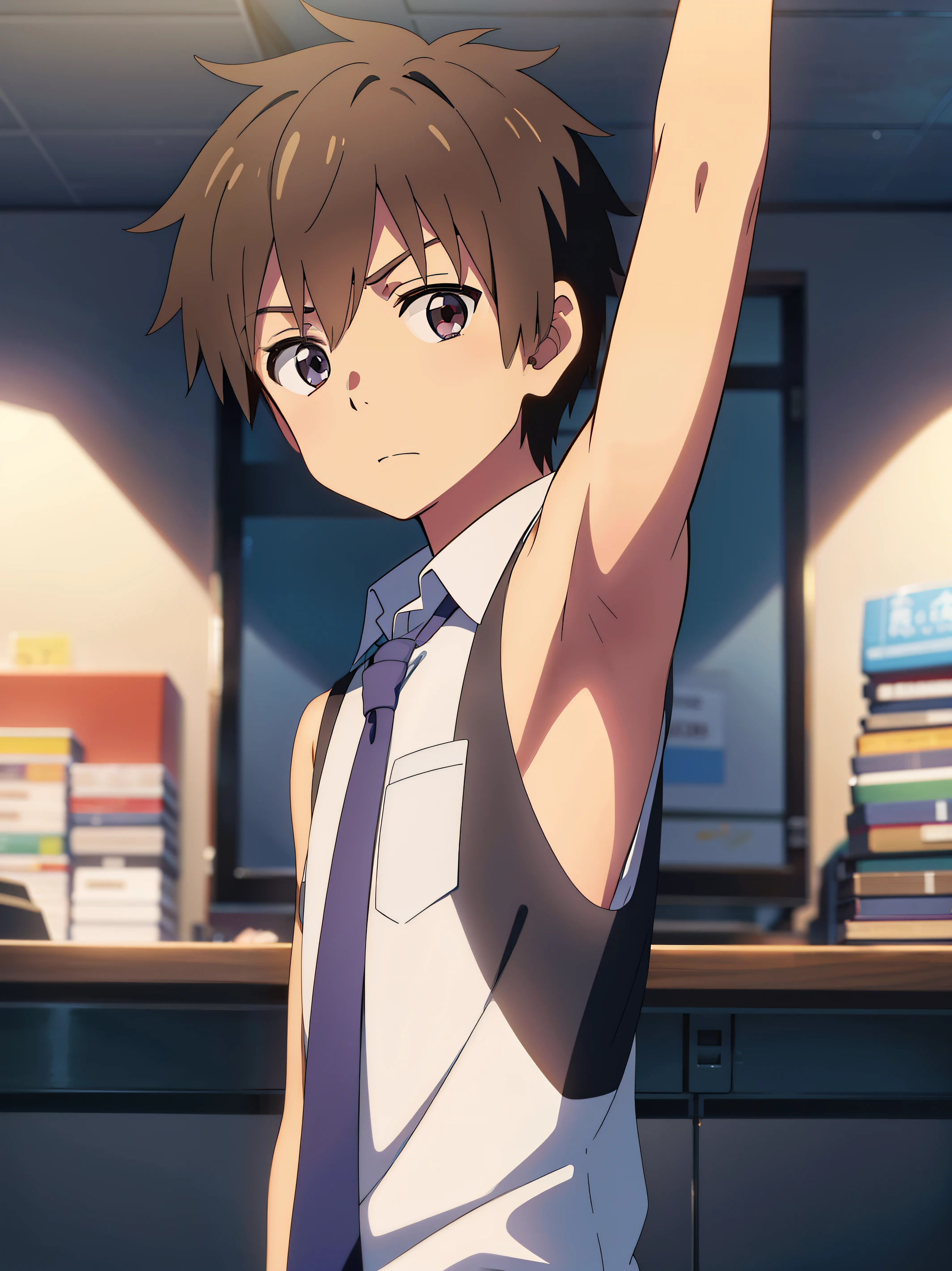shinkai makoto, kimi no na wa, Highres, Masterpiece, Best quality at best,Best Quality,hight quality, hight detailed, Anime style, 1boy, Shota, young boy, Solo person, office, Sleeveless shirt, Tie, Seen from the front, look at viewer, upper body, (very young boy), (very small and short body), 12-year-old boys, (Showing armpit:1.3), hansome boy