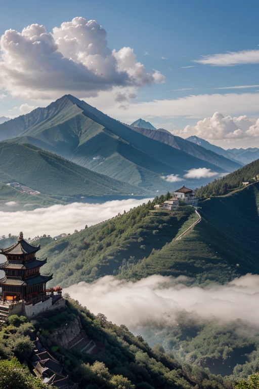 mountains, clouds, ancient Chinese architecture, of the crane
