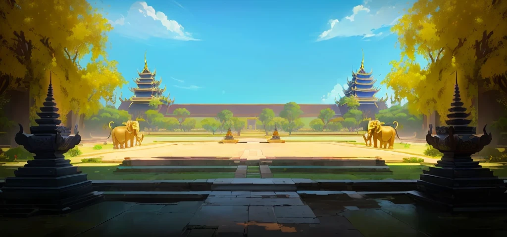 there is a painting of a courtyard with 2 gold elephants statue thailand and thailand temple, arena background, mobile game background, background art, background artwork, palace background, game background, temple background, volley court background, zen temple background, anime background art, royal garden background, amazing wallpaper, anime background, 2 d game art background, park background, anime scenery concept art, videogame background, Cassia fistula, far architect thailand, thailand temple, temple behind, thailand mood, thailand backgound