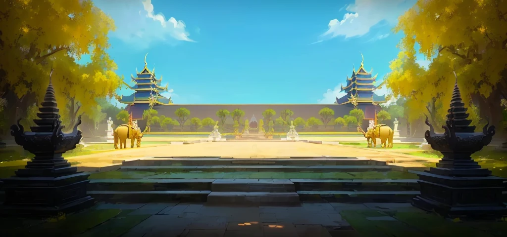 there is a painting of a courtyard with 2 gold elephants statue thailand and thailand temple, arena background, mobile game background, background art, background artwork, palace background, game background, temple background, volley court background, zen temple background, anime background art, royal garden background, amazing wallpaper, anime background, 2 d game art background, park background, anime scenery concept art, videogame background, Cassia fistula, far architect thailand, thailand temple, temple behind, thailand mood, thailand backgound
