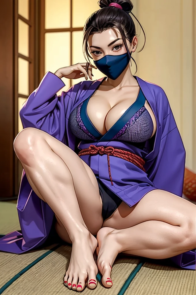 Female ninja with hair tied up wearing tradional ninja mask and wearing purple short kimono in fishnet with sexy bare feet and toes exposed with boob cleavage showing 