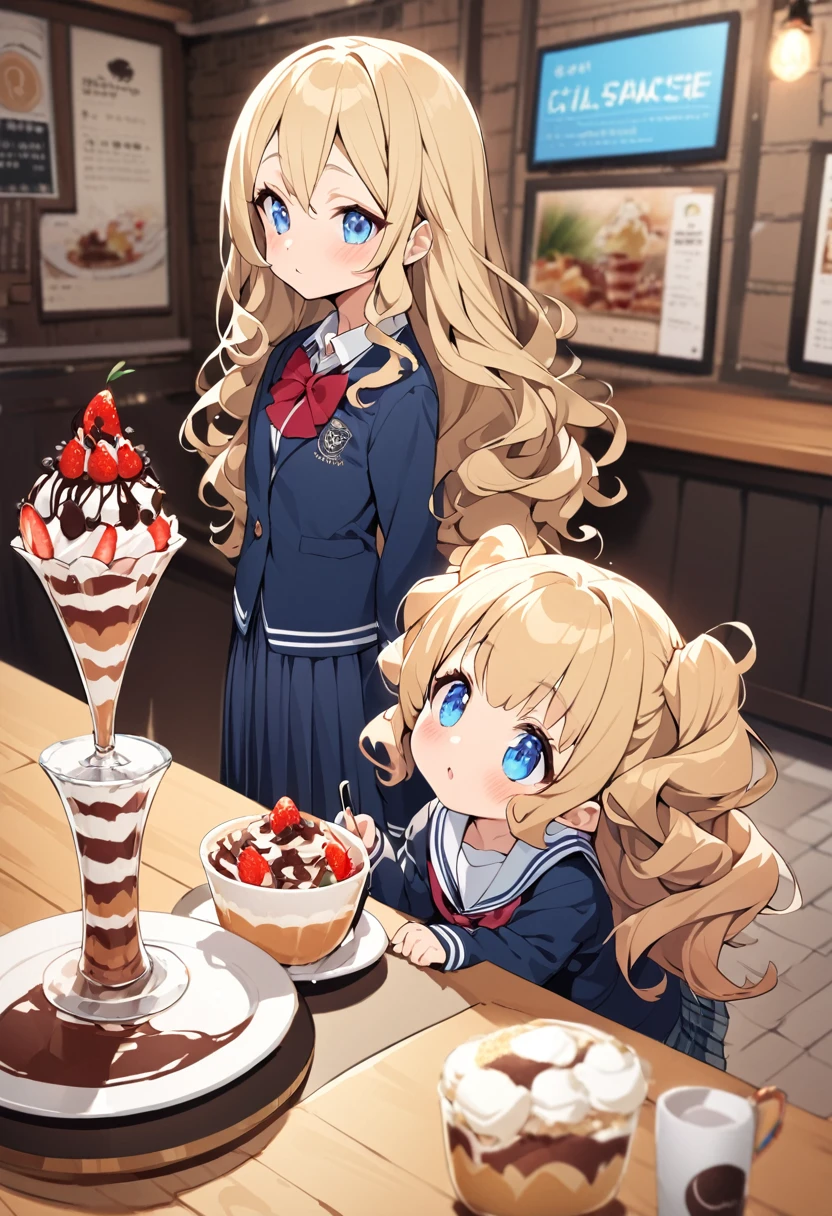 BREAK Perfect Anatomy、Highest quality、(cute:1.1)、(cute)、(High resolution:1.2)、Unbelievably absurd:1.3、Incredible illustrations、(cuteイラスト:1.2)、(Beautiful background、Coffee shop)1gial(Blonde hair and blue eyes、Wavy Hair(child,(a girl, dwarf, height 1.3meters, 30kg),,-yeld,flchest)(school uniform)Giga-sized cocoa sauce parfait and a girl
