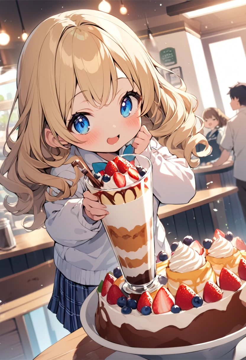 BREAK Perfect Anatomy、Highest quality、(cute:1.1)、(cute)、(High resolution:1.2)、Unbelievably absurd:1.3、Incredible illustrations、(cuteイラスト:1.2)、（Beautiful background、Coffee shop）1gial(Blonde hair and blue eyes、Wavy Hair(child,(a girl, dwarf, height 1.3meters, 30kg),,-yeld,flchest）（school uniform）Giga-sized cocoa float parfait and a girl