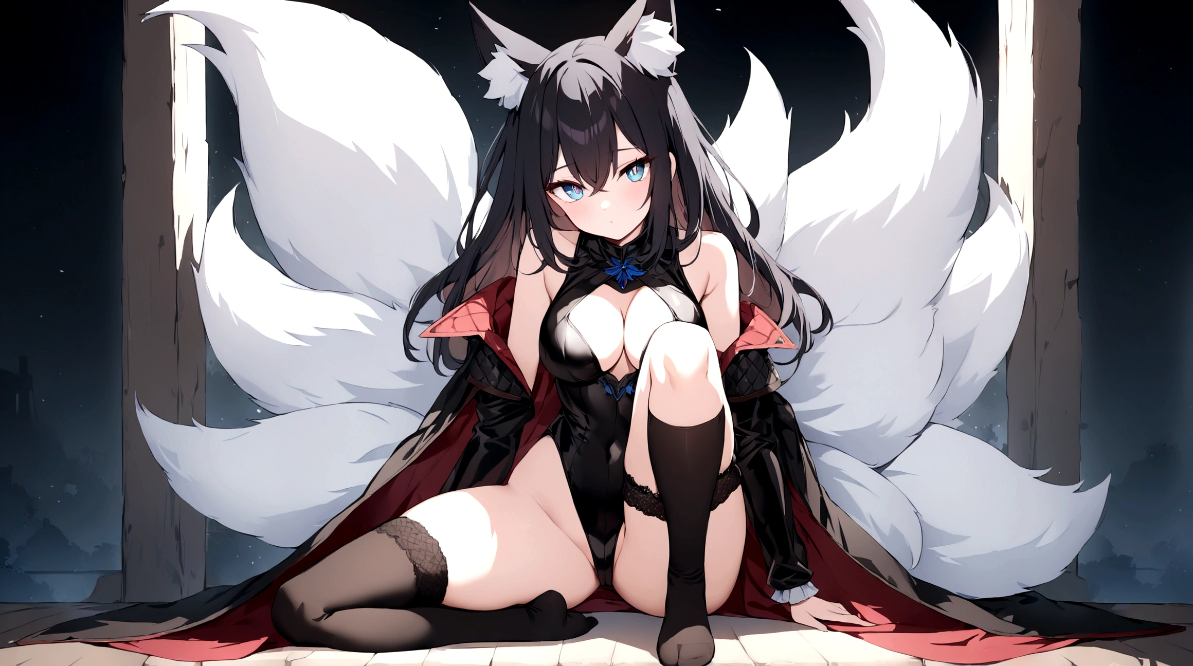 (1girl, Masterpiece, best quality) (detailed and beautiful eyes:1.6) (perfect hands, perfect anatomy) (full body)) (Adult body) Fox-girl Misaki has (short black hair), (Fox-ears). ((She wears a black full cover leather armor with additional coat. It doesn't show any skin or boobs. Her outfit includes a leather straps. She has a one black **fluffly** fox tail. She has over-to-knee socks. Her position shows strength and readness for battle.