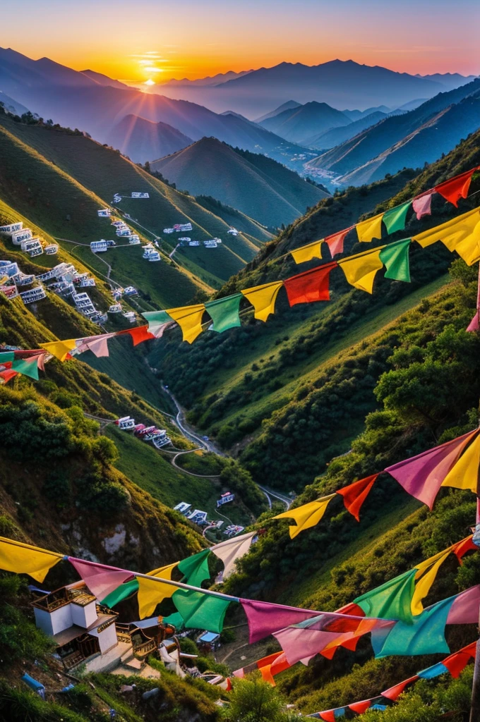 Hills, prayer flags, sunset birds flying painting
