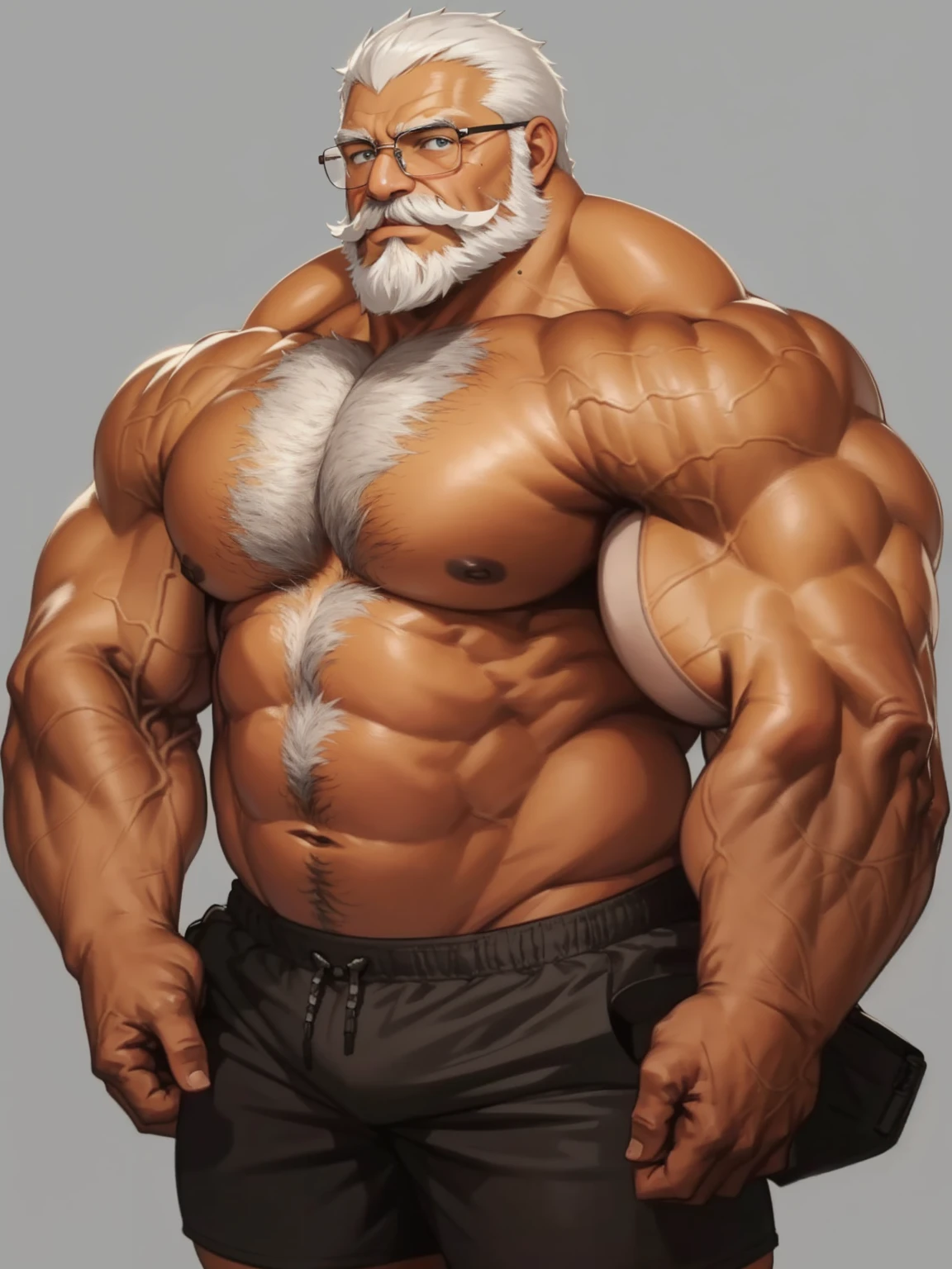 solo, 1boy, Huge Muscular Old man wearing glasses , pectoral, thick arms, huge pectoral, wide pectoral, short white hair, short pants and shirtless, bearded, mustache, simple background, masterpiece, high detailed, 8k, high resolution