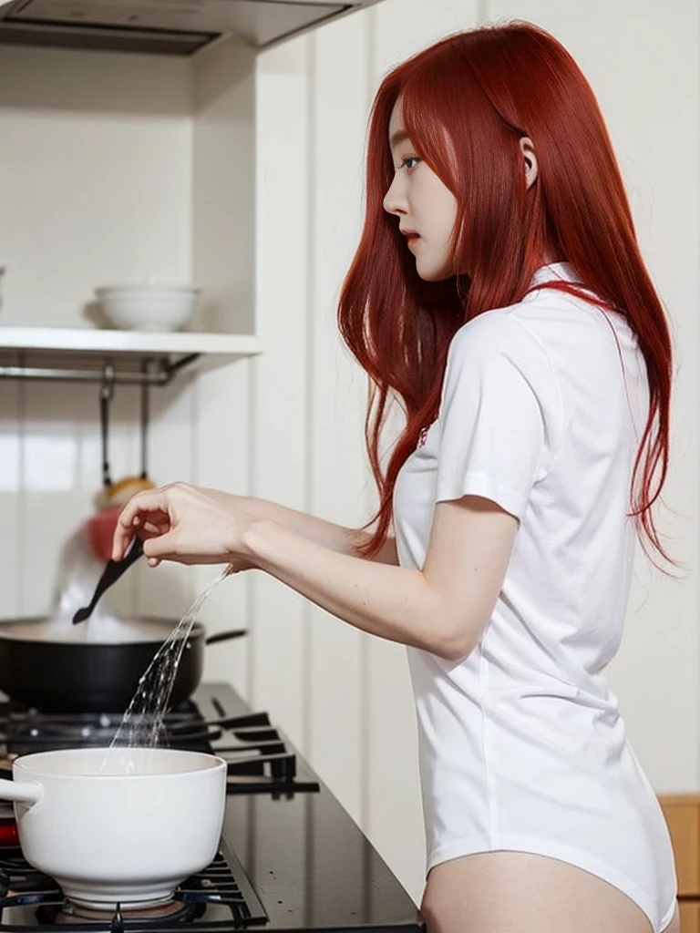A red-haired girl wearing a white short-sleeved student shirt and white underwear was boiling water in the kitchen.,realistically,realistic,side view
