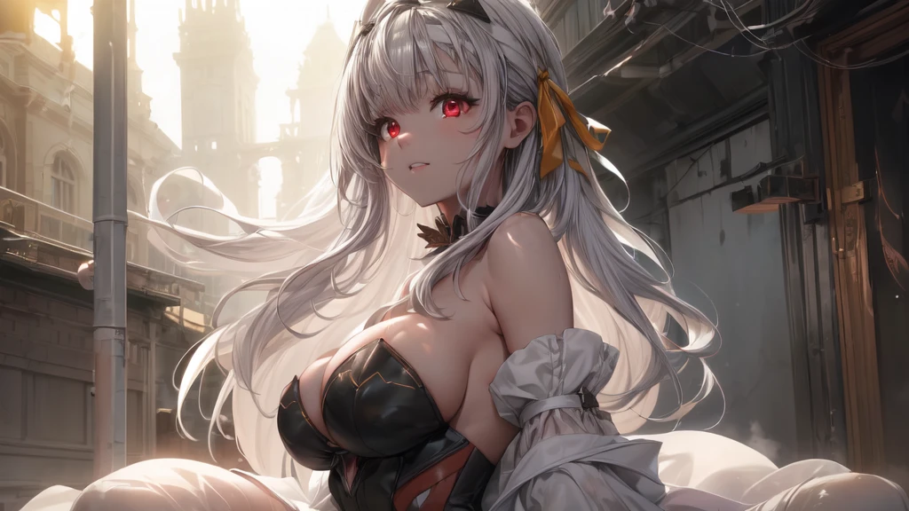((((Obra maestra, La mejor calidad, ultrahigh resolution)))), 1girl, standing, (cute maid costume), ((long pure silver hair and grey mesh hair, hair over eye)), long hair cut, pale skin, ((red eyes)), glowing_eyes, neon eyes, (ultra detailed eyes:0.7, beautiful and detailed face, detailed eyes:0.9), ((centered)), smile, ((wide shot)), facing viewer, ((vibrant background, bright lighting, summer, sunlight)), , looking at viewer, ((half closed eyes)), ((perfect hands)), (((head:1, arms,  in view, elbows, arms, legs, in view))), ((hands behind back)), empty eyes, beautiful lighting, ((outside, outdoors)), defined subject, head tilt, (((gritty)), ((creepy)), ((cool)), ((beautiful)), (((SFW)))