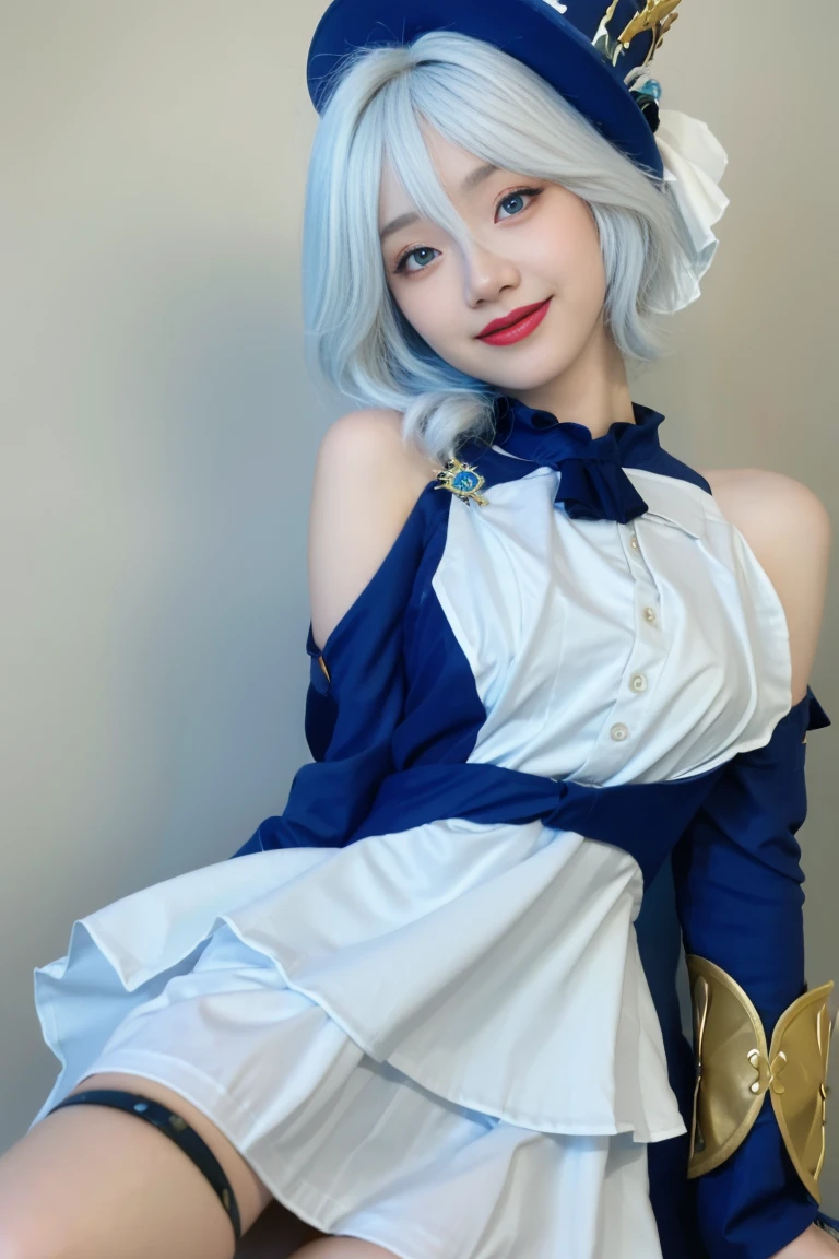 ((Best Quality, 8K, Masterpiece: 1.3)), ferpect lighting, Glowing skin, 1girl, Slim Belly Beauty: 1.3,(medium Breasts: 1.2), Dress: 1.1, Super Delicate Face, Delicate Eyes, Double Eyelids, Smile, Home, short hair, white hair, multi color hair, hat, Bangs, (maid dress:1.5), Bare shoulders, standing, upper body, smile,