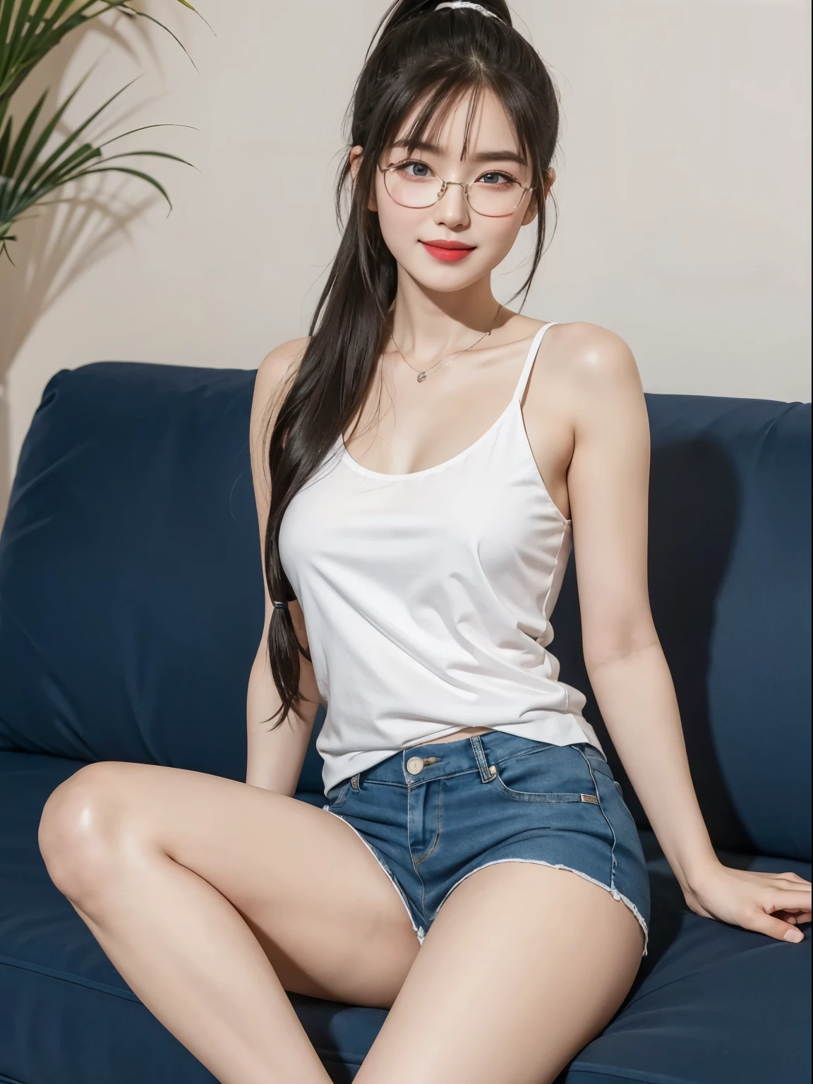 (Best quality,  masterpiece,  detailed),  (RAW, 4k, hd images),  shy,  1 girl,  17 years old,  white skin,  long hair,  ponytail,  layers hair,  bangs,  black hair,  beautiful girl,  cute girl,  sweet girl,  pretty girl,  perfect girl,  perfect body,  pretty eyes,  blue eyes,  thin lips,  (eye line, lip stick soft),  perfect ,  glasses(detailed frame),  indoors,  smile,  thigh,  legs,  long legs,  white tank top,  blue short pants,  sitting on the sofa,  white wall background,  pose like a model,  full body,  cenimatic light