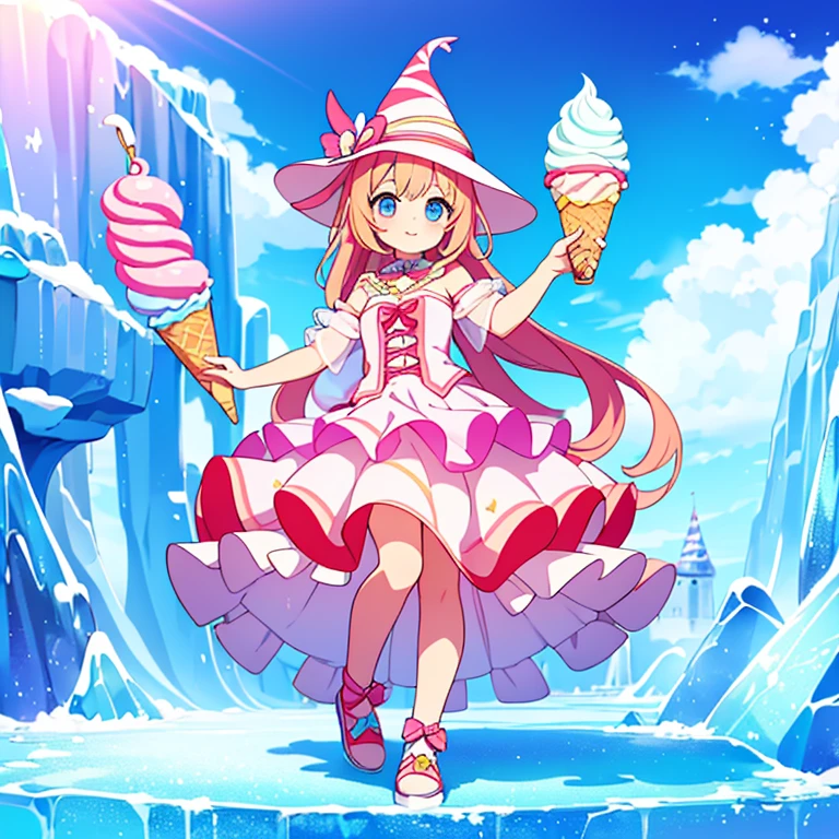 ( Gelatosprite is the evolved form of Chillcone, growing taller and gaining more intricate features while maintaining its ice cream essence. Its body now resembles a scooped gelato with layers of creamy swirls and frozen fruit chunks. Gelatosprite's eyes are larger and more expressive, shimmering like ice crystals in the sunlight. It wears a whimsical, cone-shaped hat adorned with candy decorations and a ribbon made of frozen sugar.) Full body, beautiful eyes , 1 girl , full body , cute girl , anime style , cute eyes , ice cream , giginka