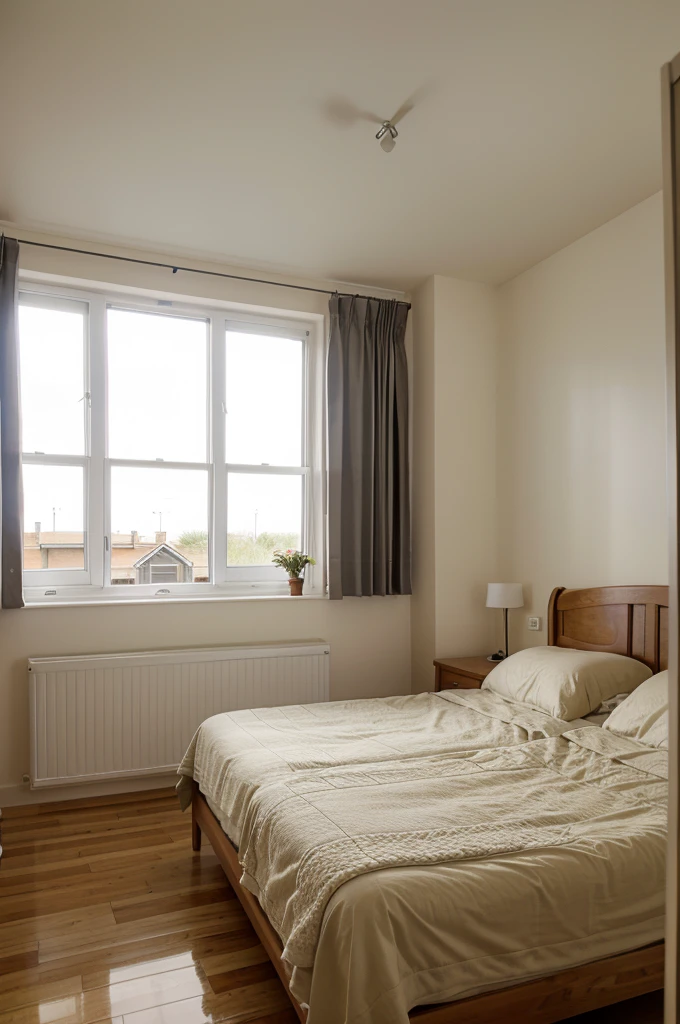 A bedroom with two single beds and a large window