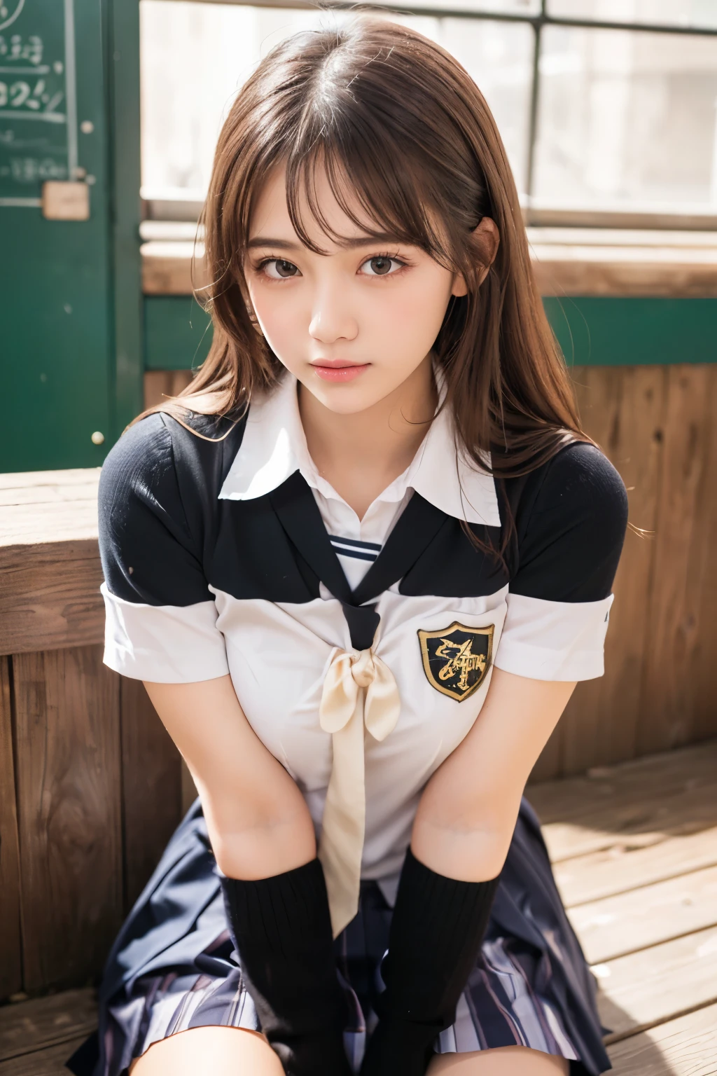 (Showing off panties:1.2), (Professional portrait, Realistic and perfectly shaped subjects:1.3), (masterpiece, highest quality:1.2), (Realistic, Ultra-realistic, Realistic:1.3), (ultra High resolution), High resolution, Intricate details, Super detailed, (Highly detailed CG, unity 8k wallpaper:1.3), Clear image,
break
(1 Japanese girl, 16 years old), (cute, Slender figure), (Perfect Anatomy, Correct limbs:1.2), (Perfect hands), Perfect Arms, Beautiful and delicate face down to the last detail, Beautiful and delicate eye and eye highlights, (Very thin and delicate、not too long lashes), (Captivating eyes, Beautifully detailed eyes and face), light makeup, Pink Lip, Lip gloss, Stylish face, (Shiny skin, Realistic skin detail), Brown Hair, Plump breast,
break
((school uniform)), (High school girl), (Black socks), shirt open
break
Sitting in the station, (Cowboy Shot), break
(((blush:1.4))), ((Embarrassing:1.4)), (((shy:1.5)))
break
from below
break