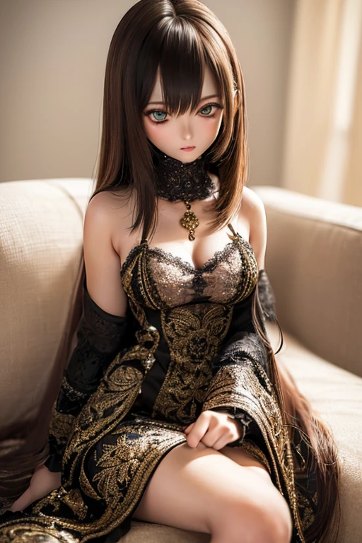 photorealistic, realistic photo, ((highest quality)), ((masterpiece)), detailed, kukolnydom, doll, (mature woman, 22yo, 22 years old:1.6), solo, ((cowboy shot, sitting on sofa, reclining on sofa, skinny, slender, slim, parted lips)), green eyes, brown hair, (looking at another, blank eyes, empty eyes, detailed eyes, detailed face:1.3), dress, museum, 8k