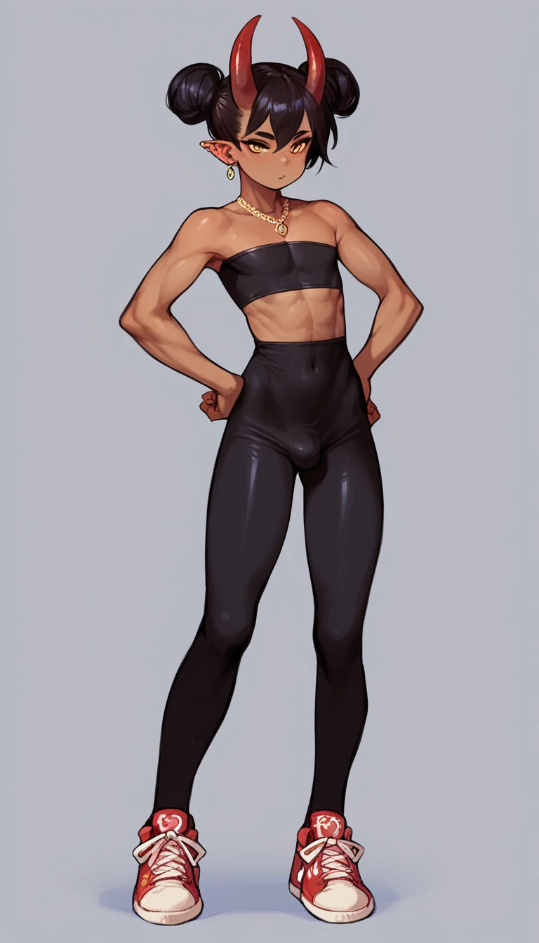 score_9, score_8_up, score_7_up, score_7, Expressiveh,best quality, masterpiece, ultra high resolution,
(demon boy:1.35), femboy, solo, skinny, thin, tiny, cute, _, shota_boy, jewelry, necklace, earrings, shoes, full_body, long hair, sneakers, hair buns, horns, horny, ((hands_on_hips)), standing, dark_skin, dark-skinned_female, black_hair, leggings, bodysuit, strapless