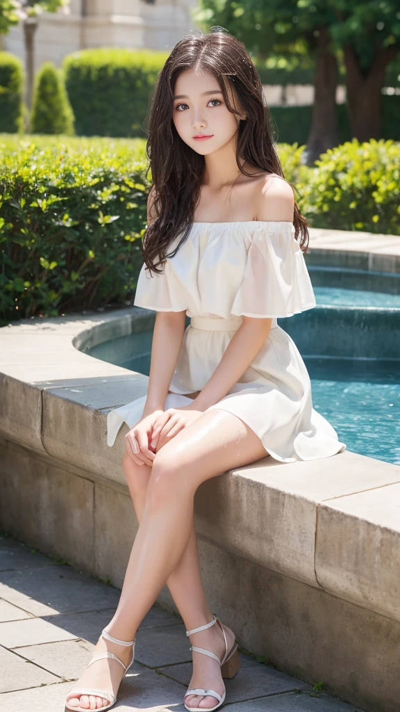 Caucasian 14 year old girl、sit by the fountain、The body is wet with water、Background blur、Ultra-high quality、Sunlight、Off-shoulder skirt、Beautiful girl with fair skin、Messy long hair、Small cracks、glimpsing、Clear outline、Mature atmosphere、HD Skin、Full body shape、Plump thighs