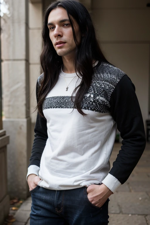 Handsome thin White man goth long black hair jeans and pullover
